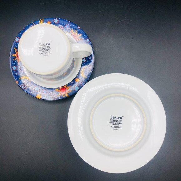 90s SAKURA Stoneware Celestial Cup Saucer Set PAIR Vintage Astral Moon Star Sun - Picture 7 of 10